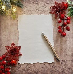 Blank Christmas wish list with vintage burnt paper and pen.