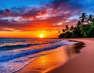A tropical paradise beach with sunset sky