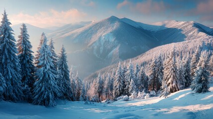Bright winter morning in the carpathian mountains with fresh snow-covered fir trees, sunlit mountain valley, and panoramic scenic landscape showcasing nature’s beauty