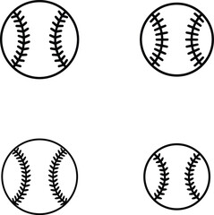 Black Outline Baseball Ball Icon Vector Illustration Set: Simple Minimalist Line Art Design for Sports Game, Equipment, and Web or App Interface