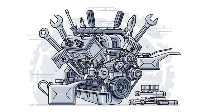 Detailed Illustration of a Car Engine with Tools and Accessories.
