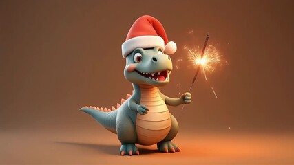 Cute animated 3D baby dinosaur wearing a Santa hat and celebrating with a bright, sparkling firework, perfect for Christmas marketing and New Year's Eve greetings. - Powered by Adobe