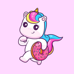 Cute Unicorn Running With Donut Cartoon 