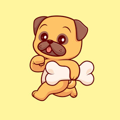 Cute Pug Dog Running With Bone Cartoon