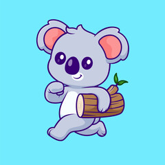 Cute Koala Running With Wood Tree Cartoon