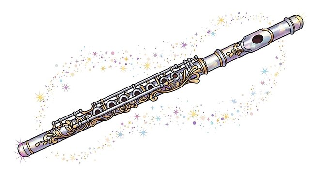 Detailed Illustration of a Silver Flute with Intricate Keywork.