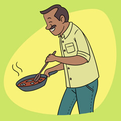 Man cooking food in pan