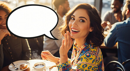 Woman Talking at Cafe With Speech Bubble Graphic