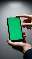 Person holding smartphone with green screen for app display.