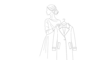 Elegant woman holding a stylish coat on a hanger in a minimalist line drawing