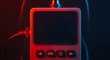 Close-up of a stylish digital device featuring a captivating red and blue ambiance, The high-tech tool showcases the convergence of digital life.