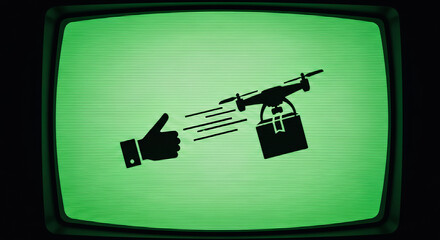 A futuristic concept illustrates a drone in mid-flight delivering a package. The image uses simple graphic elements to convey a modern approach to delivery systems.