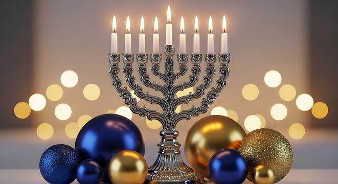 Photo of a shimmering hanukkah menorah glows amidst a collection of blue and gold ornaments, creating a festive and elegant display of holiday cheer and tradition