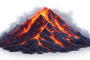 Erupting Volcano with Lava Flow and Smoke with Isolated on White Background.