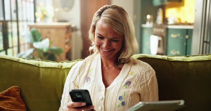 Woman, phone and tablet on couch, scroll and relax with data sync, backup or download file in home. Person, smartphone and tech on app, share or smile for social network on sofa in lounge at house