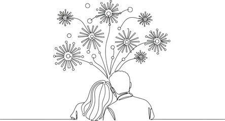 Couple watching fireworks in continuous line drawing style romantic celebration