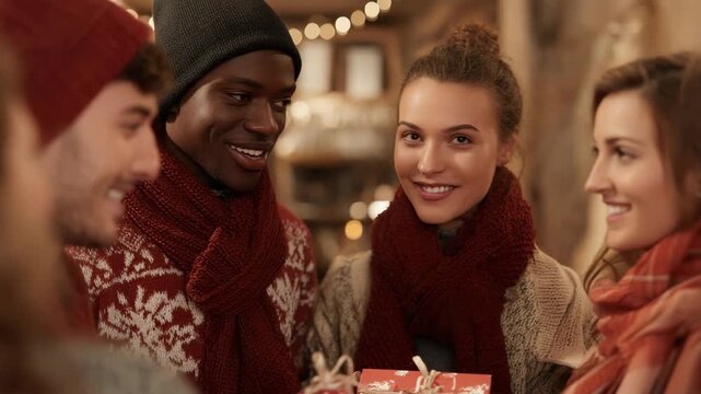Friends exchanging gifts during the holiday season, smiling and celebrating together