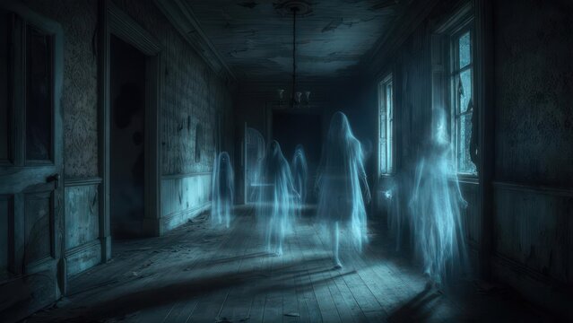 Dark hallway in dilapidated building, ethereal figures glide