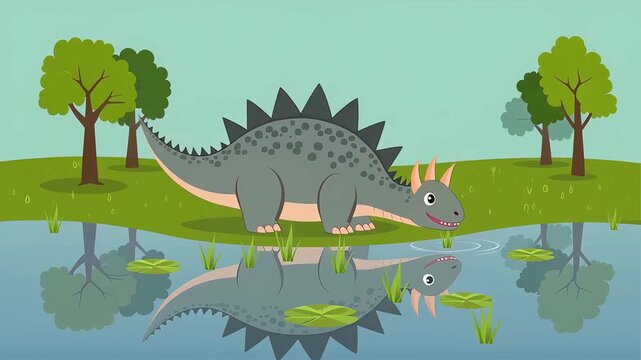 Cute Stegosaurus Dinosaur Drinking Water Reflection in a Pond.