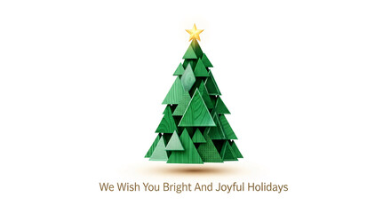 Geometric Christmas tree formed by green triangle, topped with gold star, against white backdrop, representing celebration, holiday spirit, and winter festivity