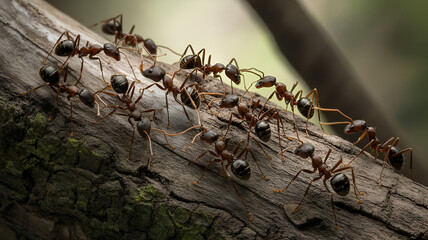 Ants working together across leaf surfaces in a shallow-depth macro scene, showing connection and teamwork, Ant Movement Macro – Natural Insect Study