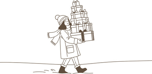 Woman carrying a stack of christmas gifts through the snow on a winter day