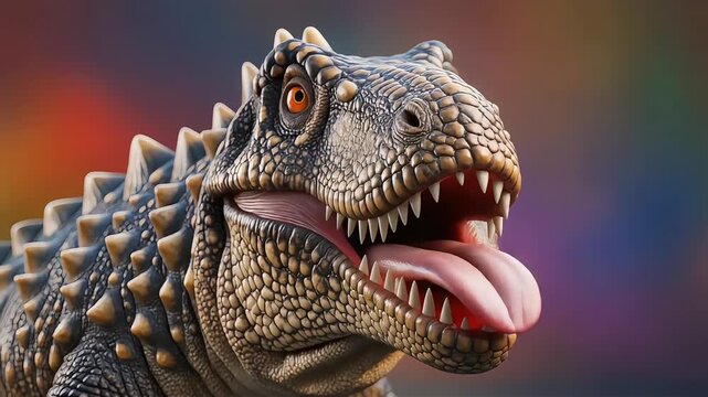 Close-up of a cute, friendly cartoon dinosaur or reptile character with large eyes, sticking its tongue out in a silly, playful gesture, perfect for children's educational content, animated explainers