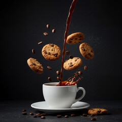 Coffee Pouring with Chocolate Chip Cookies with Black Background, and Food Photography.