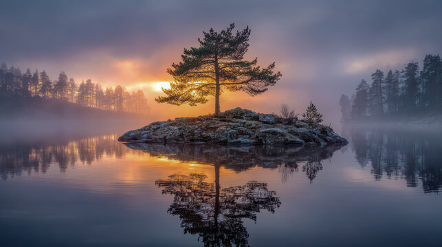 A dramatic sunset reflects a lone tree in calm water, as the iconic wanaka tree stands in the lake at sunset.