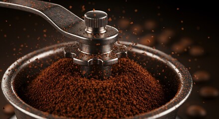 Close up of coffee grinder with fresh grounds.