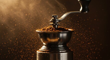 Close up of a vintage coffee grinder with coffee grounds flying out.