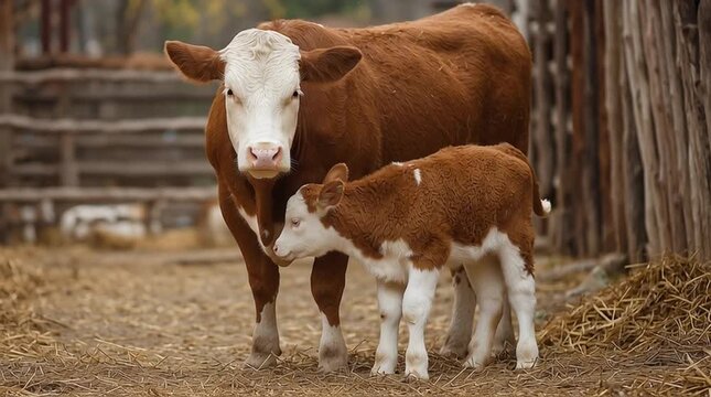 Mother cow and calf standing together on straw in barnyard