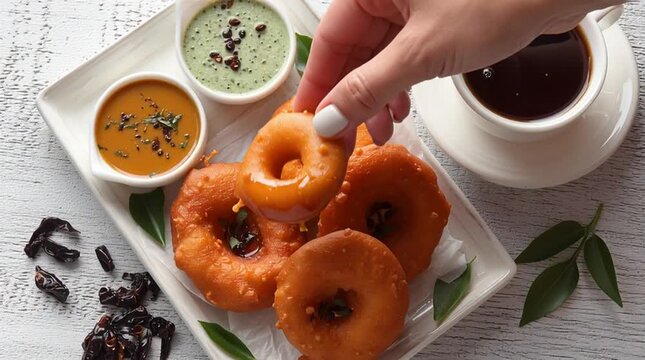 Savory medu vada donut served with sambar and chutney and coffee