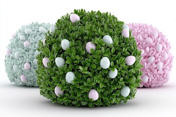 Easter Egg Bushes Pastel Colored Eggs and Leaves Isolated on White Background.