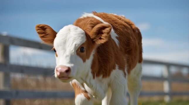 Cute brown and white calf running towards camera in sunny field