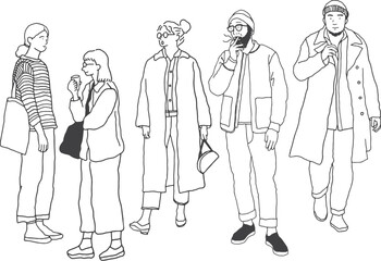 Line drawing of five people standing, wearing coats, sweaters, and carrying bags.