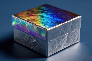 Obraz premium Shimmering gift box with colorful iridescent lid on smooth blue