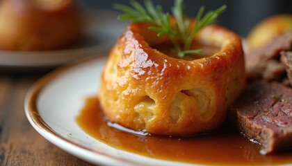 Closeup of golden Yorkshire pudding filled with gravy sits beside sliced roast beef. Rosemary sprig garnishes the warm, savory meal on a plate. Classic comfort food presentation.