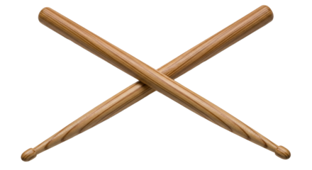 Crossed wooden drumsticks isolated on transparent background, perfect for drumming, percussion, and musical performance, showcasing rhythm and beat