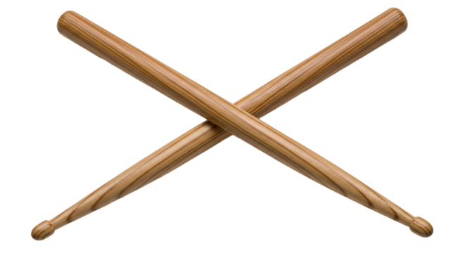 Crossed wooden drumsticks isolated on transparent background, perfect for drumming, percussion, and musical performance, showcasing rhythm and beat