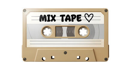 Beige vintage audio cassette tape with mix tape label isolated on transparent background, perfect for retro music, nostalgia, and mixtape themed designs
