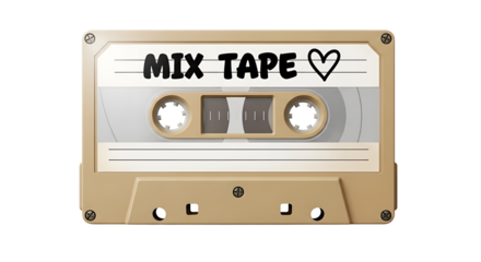 Beige vintage audio cassette tape with mix tape label isolated on transparent background, perfect for retro music, nostalgia, and mixtape themed designs