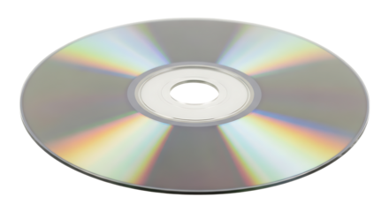 Closeup shot of a shiny compact disc with rainbow reflection, perfect for storing and playing music, movies, and data on a transparent background