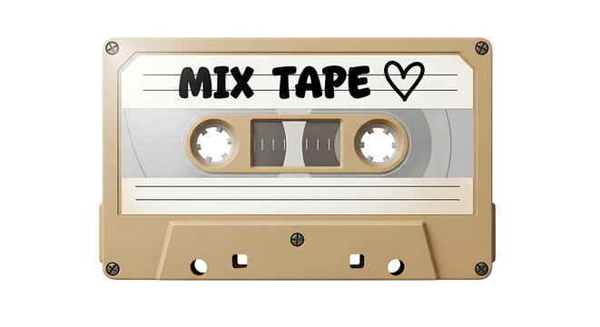 Beige vintage audio cassette tape with mix tape label isolated on transparent background, perfect for retro music, nostalgia, and mixtape themed designs