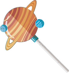 A colorful, striped, ringed planet (like Saturn) stylized as a sweet lollipop on a stick, with small moons. Fun, whimsical vector for space, candy, sweet treats, science education, or cosmic concepts.