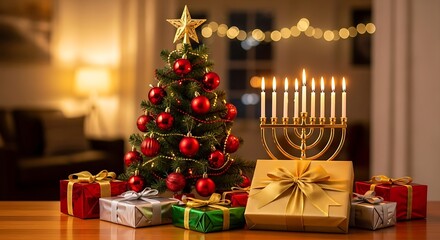 Photo of a festive scene showcasing a christmas tree adorned with red ornaments and a star of david menorah with lit candles, surrounded by wrapped gifts, creating a fusion of holiday traditions
