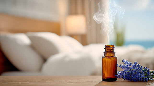 A calming scene featuring an essential oil bottle with lavender, emitting soothing vapor in a cozy bedroom setting.