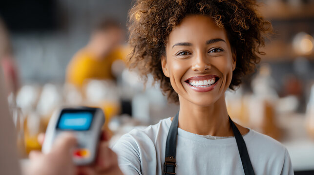 A cheerful barista smiles as a customer pays with a contactless card, showcasing modern payment technology in a welcoming cafe.