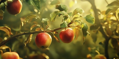 ripe apples on a tree branch on a farm in autumn