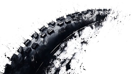 Monochromatic tire track with distressed and textured design on white canvas